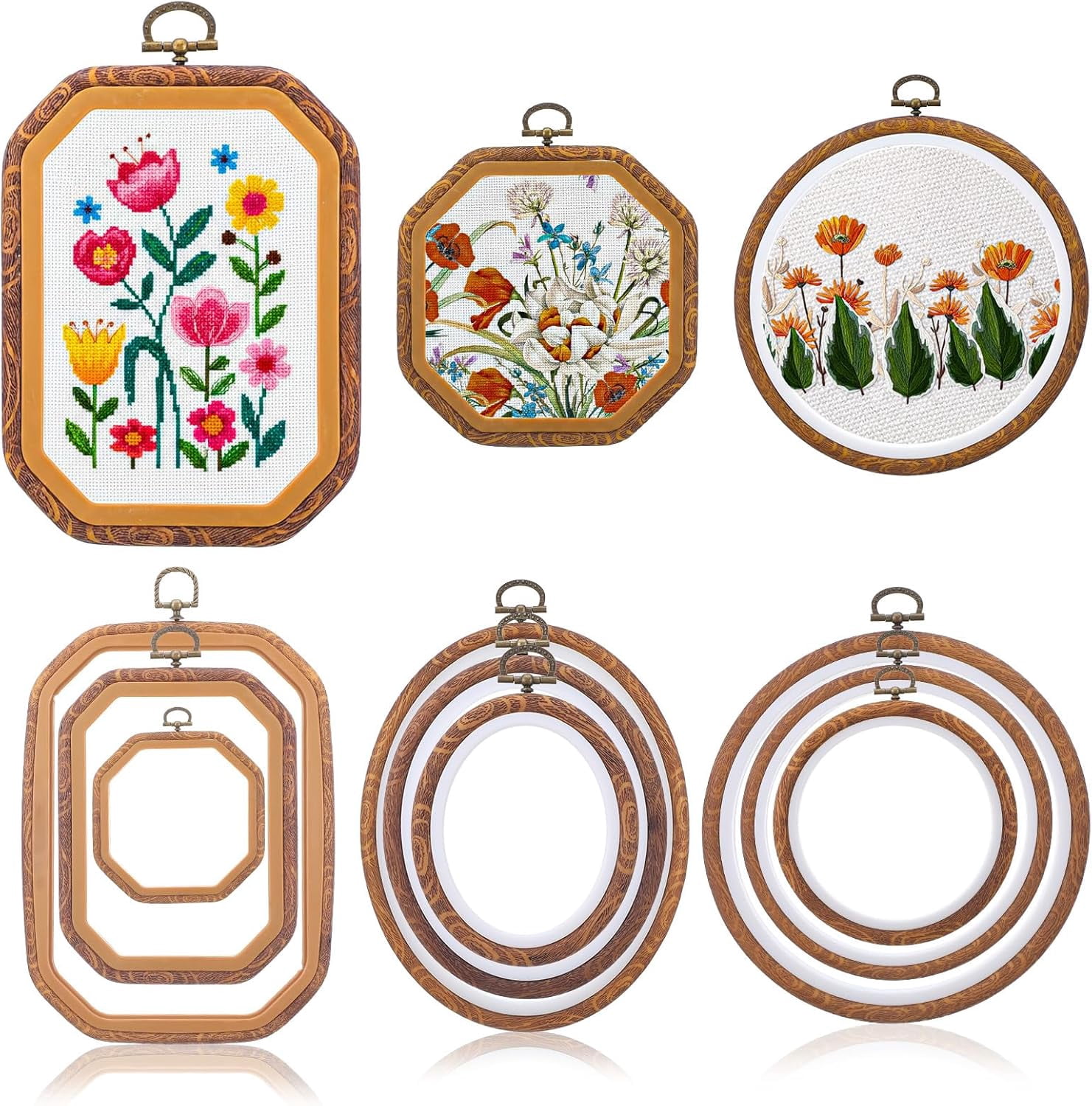 9 Pcs Embroidery Hoop Set, Mixed Shapes Circle Oval Octagonal Embroidery Frame, Imitated Wood Plastic Cross Stitch Frame for DIY Sewing Craft Wall Decor, Small to Large Sizes