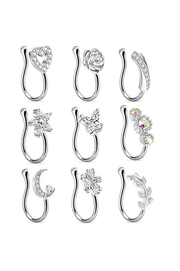 9 Pcs Fake Nose Cuff, Non Piercing Rhinestone Faux Nose Ring Ear Clip Jewelry Set