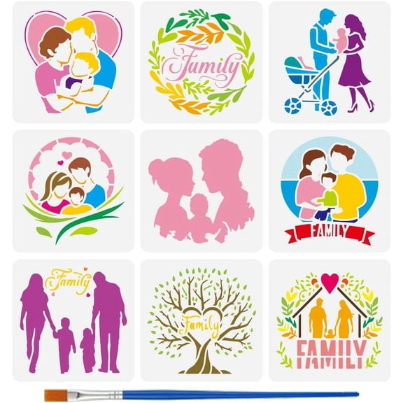 9 Pcs Family Portrait Stencils with 1 Pc Plastic Paint Brush (5.9x5.9 Inch) - Family Member Silhouette Stencil