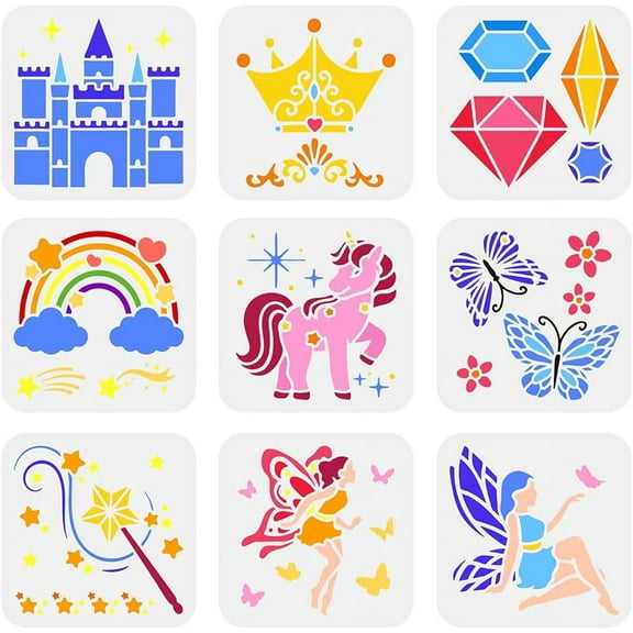 9 Pcs Fantasy Theme Stencils 5.9x5.9 inch Butterfly Stencil Plastic Unicorn Stars Fairies Castle Crown Magic Wand