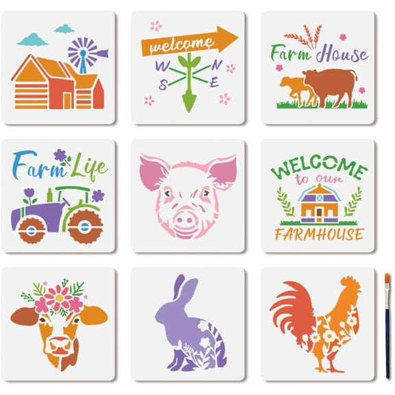 9 Pcs Farm Animal Stencil Pig Cow Chicken Stencils DIY for Painting 7.87.8inch Reusable Farmhouse Stencil Crafts Drawing Templates with Paint Brush DIY for DIY Craft on Wood Wall Home Decor