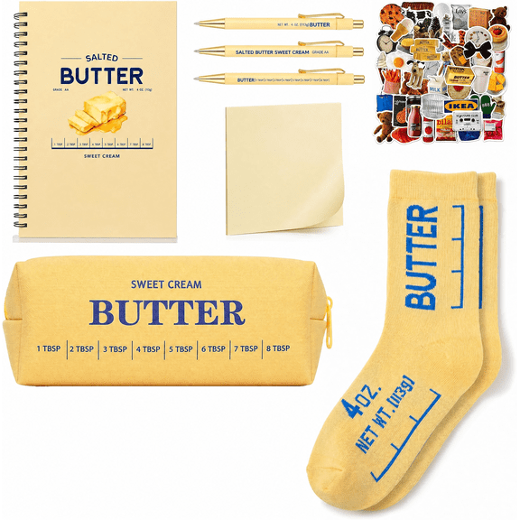 Fenmay 8 Pcs Butter Themed Office & Lifestyle Essentials Set, Novelty Stationery Gift Kit with Gel Pens, Pencil Pouch, Notebook, Sticky Notes, Stickers and Printed Socks