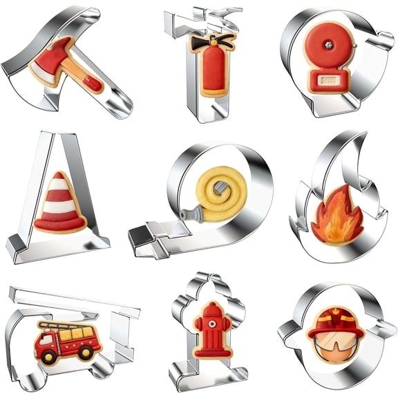 9 Pcs Firefighter Cookie Cutters Set, Stainless Steel Fire Truck Hydrant Fireman Cookie Cutters Shapes Biscuit Cutters Molds for Baking Homemade Treats Fireman Birthday Party Supplies