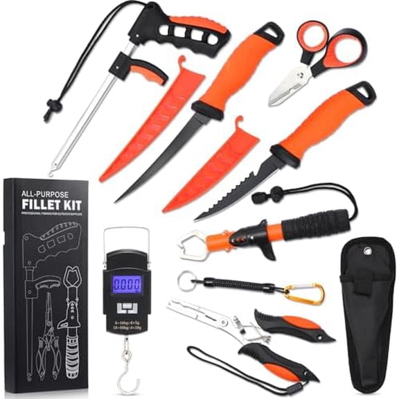 9 Pcs Fishing Tool Kit, Fishing Pliers with Lanyard Sheath, Fillet Knife Kit Combo, Digital Fish Scale, Hook Remover, Lip Gripper, Braid Scissors, Fish Gear and Equipment Gifts for Men