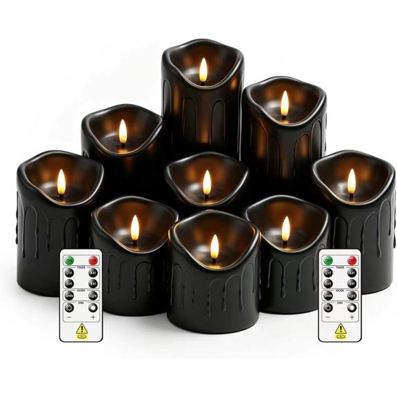 9 Pcs Flickering Flameless LED Pillar Candles, (D 3" x H 3" 4" 5" 6" 7") Battery Operated with Remote Plastic Wax Drip Fake Candles for Home Wedding Holiday Decor,Black