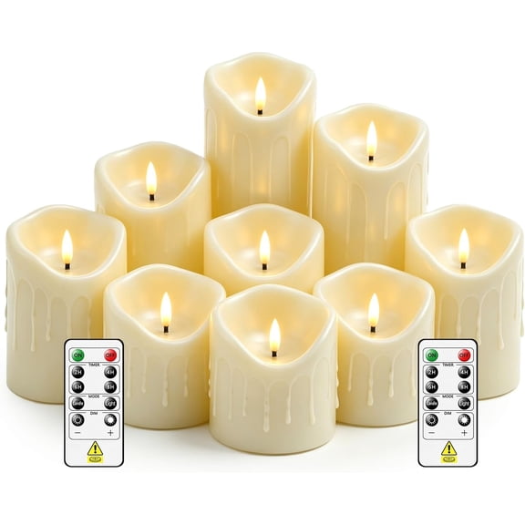 9 Pcs Flickering Flameless LED Pillar Candles, (D 3" x H 3" 4" 5" 6" 7") Battery Operated with Remote Plastic Wax Drip Fake Candles for Home Wedding Holiday Decor,Ivory