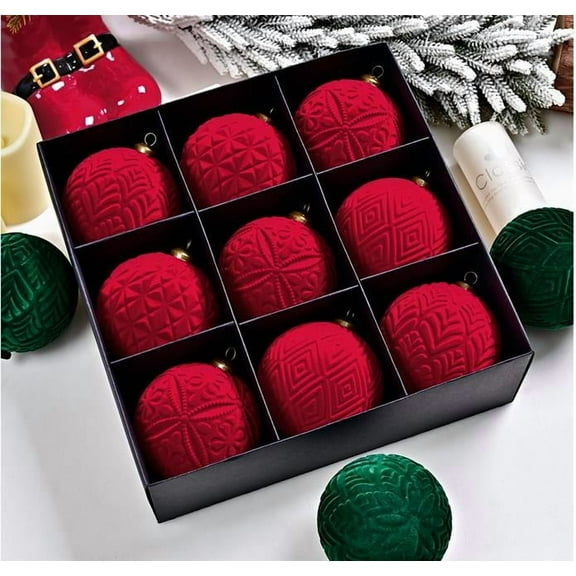9 Pcs Flocked Christmas Balls Ornaments, 4 Inch Shatterproof Plastic Xmas Tree Balls with Exquisite Texture Pattern, 4 Styles Decorative Hanging Baubles for Home Party Wreath Decor