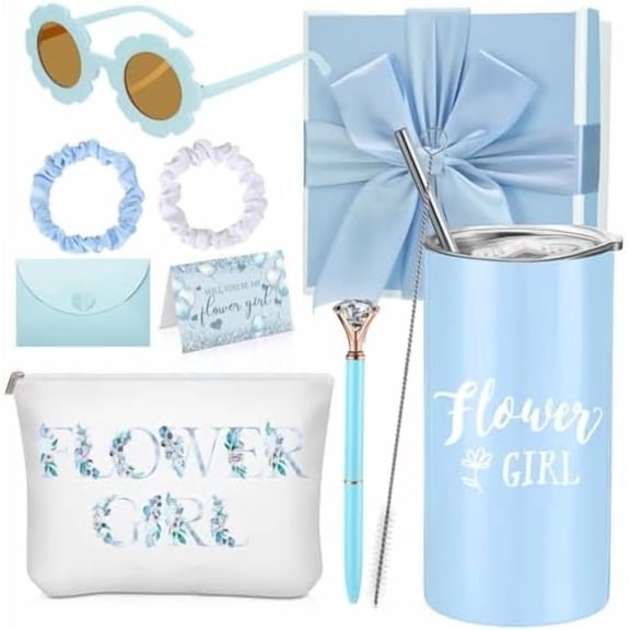 9 Pcs Flower Girl Proposal Gifts Set Personalized Flower Girl Tumbler with Straw Bride Gift Box Canvas Bag Sunglasses Hair Ring Diamond Pen Envelope for Wedding(Blue,Retro)