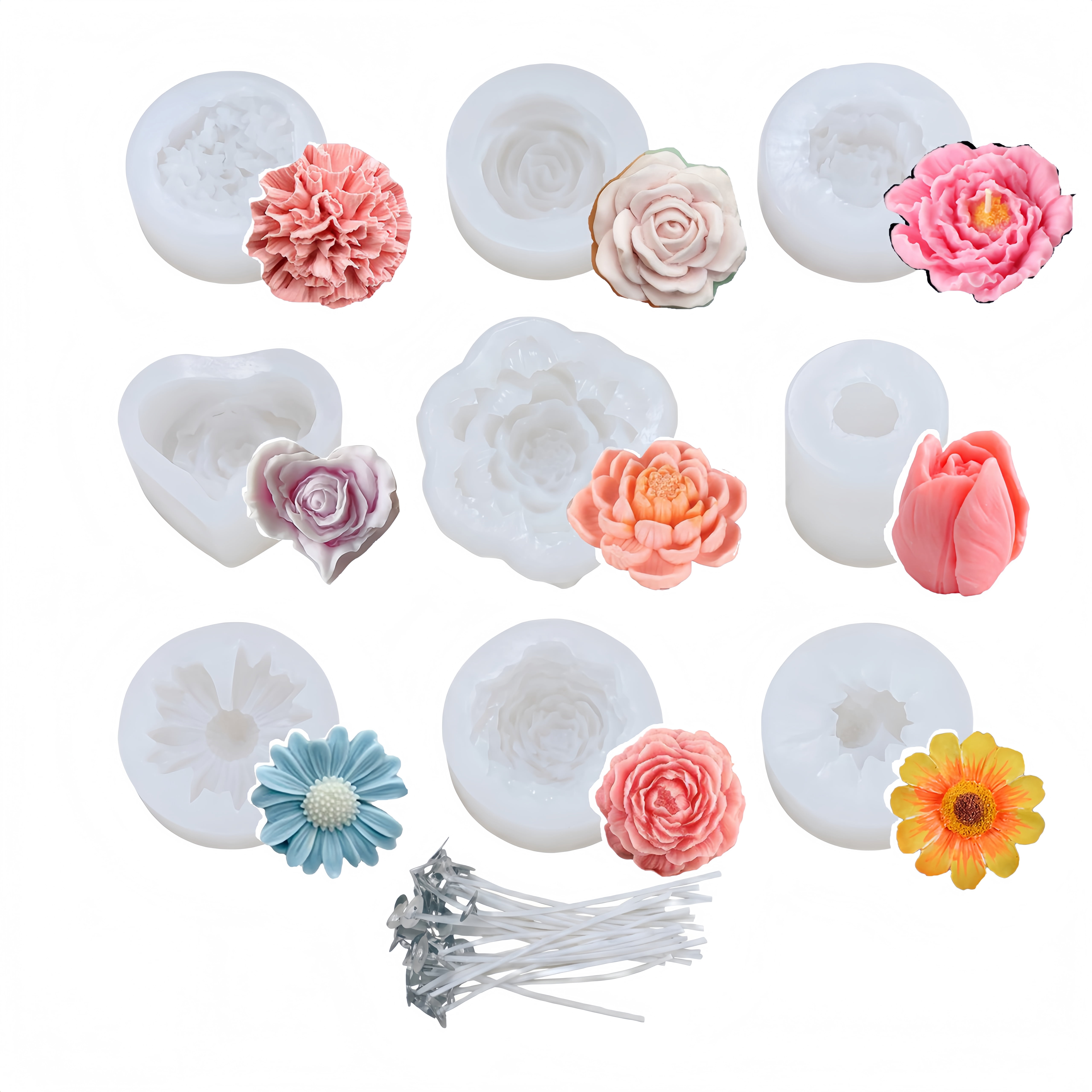 9 Pcs Flower Silicone Molds Kit with 100 Candle Wicks, Food Grade 3D Floral Molds for Candle Making, Soap, Chocolate, Wax Melts, Resin DIY Crafts
