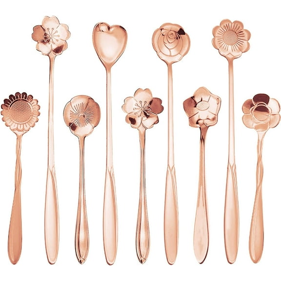 9 Piece Rose Gold Stainless Steel Flower Tea Spoon Set, Elegant Coffee Teaspoon Collection for Tea Party Decor and Dining Table Setting