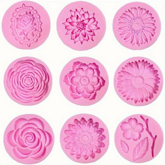 9 Pcs Flowers Fondant Molds Silicone Molds For Cupcake Dessert Chocolate Jelly Cookie Decor Jewelry Pastry Chocolate Handmade Soap Mould Candy Making