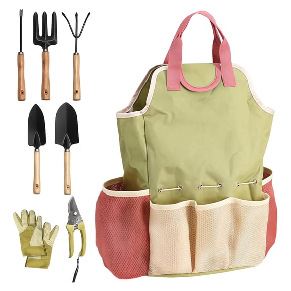 9 Pcs Garden Tools Set, Hand Tool Gift Kit with Comfortable Wooden Handles,Includes Storage Tote Bag, Gardening Gifts for Women & Men, Transplanter,Hand Fork,Rake,Trowel