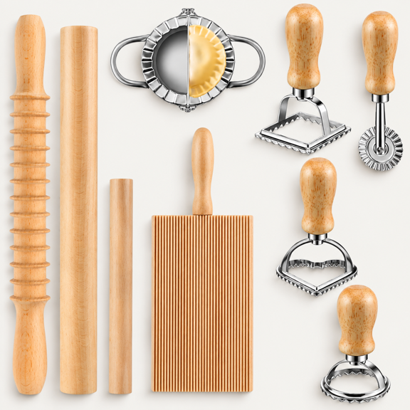 9 Pcs Gnocchi Pasta Making Tools kit - Gnocchi Board, Pasta Cutter, Ravioli Stamp, Wood Threaded Pasta Roller Pin Set, Noodle and Dumplings Maker, Homemade Kitchen Gift for Pasta Lovers