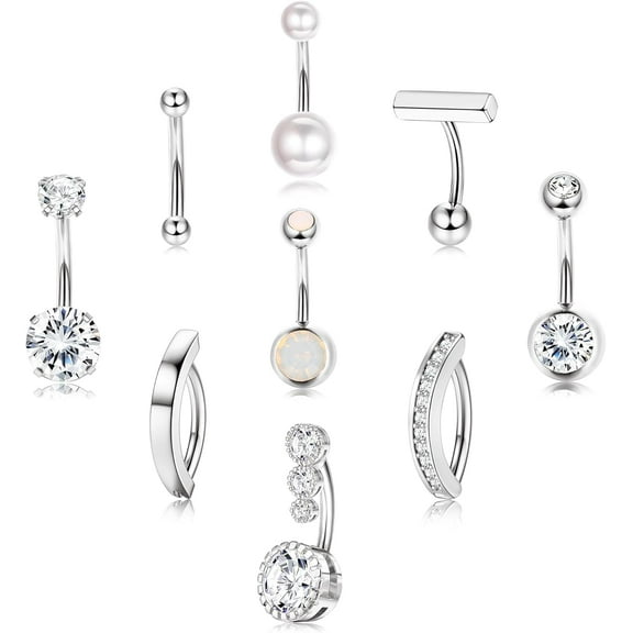 9 Pcs Gold Belly Button Ring Surgical Stainless Steel Belly Rings CZ Opal Pearl Belly Button Ring Clicker Belly Piercings for Women Navel Piercings Pack Silver/Gold