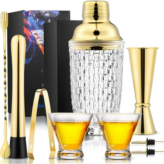9 Pcs Gold Cocktail Shaker Set 13 oz Glass Cocktail Shaker with Built-in Strainer, 2 Martini Glasses, Shakers Bartending Drink Mixer Set Gifts for Christmas