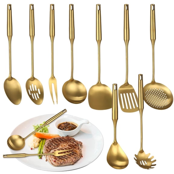 9 Pcs Gold Kitchen Cooking Utensils Set - 304 Stainless Steel Gadgets Cooking Tools, All Metal Serving Utensils, Includes Spatulas, Spoons, Ladle, Skimmer, Tunner Y101