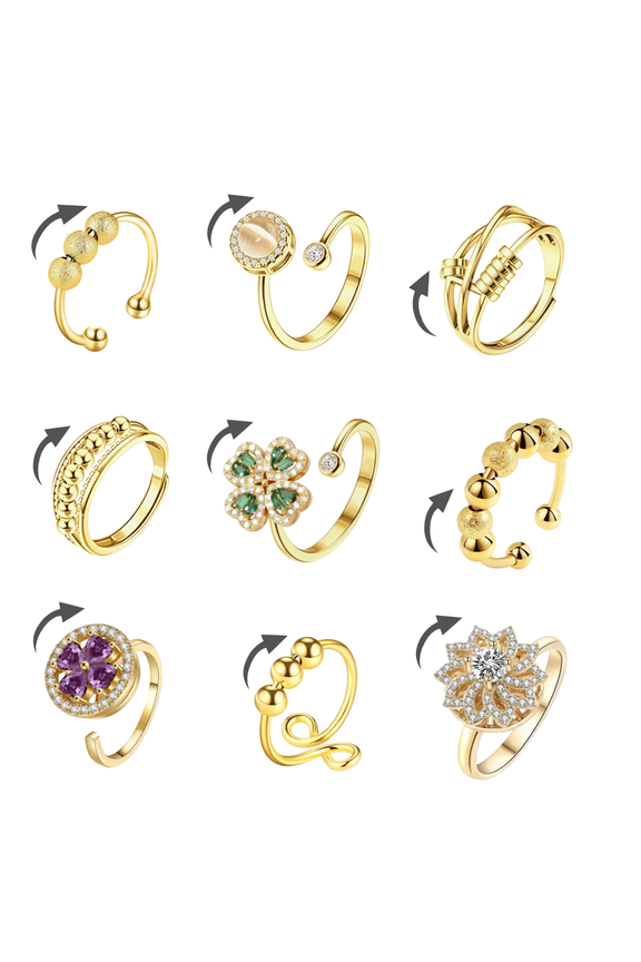 9 Pcs Golden Adjustable Fidget Rings for Women, Anxiety Spinner Rings with CZ Flower Four Leaf Clover Cat's Eye Bead Designs for Adult Stress Relief