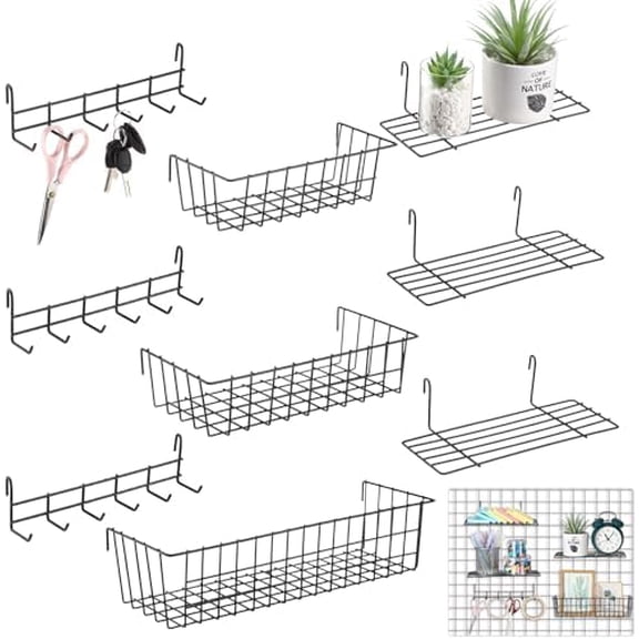 9 Pcs Grid Wall Shelves Gridwall Accessories Wall Grid Panel Hanging Basket with Hooks Set Includes 3 Basket 3 Wire Straight Shelf 3 Hooks Rack for Home Storage Display Organizer(Black)