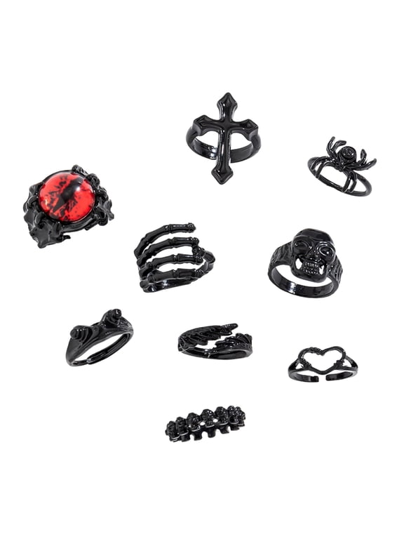 9 Pcs Halloween Open Ring Set Adjustable Finger Rings Spiders Skull Cross Rings Stackable Gothic Knuckles Rings Jewelry