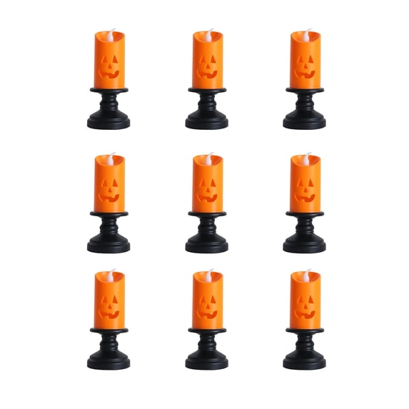 9 Pcs Halloween Pumpkin LED Flameless Candles with Black Candlestick,Battery Operated Flickering Candles for Mantel Tabletop Indoor Decor
