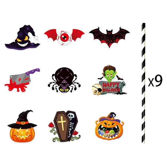 9 Pcs Halloween Series Straw Insert Card Halloween Party Eyeball Araneid Pumpkin Insert Straws Party Decorations