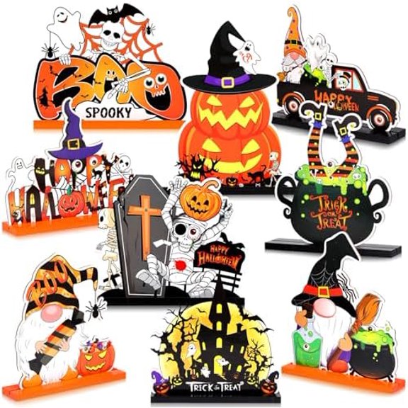 9 Pcs Halloween Wooden Table Decorations Duplex Printing Happy Halloween Centerpiece Signs Pumpkin Gnome Ghost Table Centerpiece Boo Spooky Themed Sign for Party Halloween