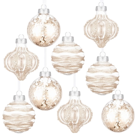 9 Pcs Hand‑Painted Christmas Tree Ornaments, 3.14 Inch Plastic Hanging Baubles, Champagne Xmas Balls for Holiday Home Party Decor