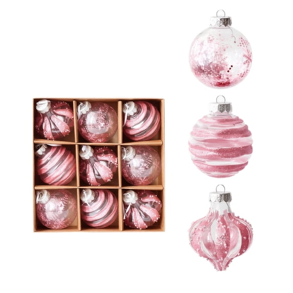 9 Pcs Hand‑Painted Christmas Tree Ornaments, 3.14 Inch Plastic Hanging Baubles, Pink Xmas Balls for Holiday Home Party Decor