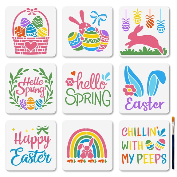 9 Pcs Happy Easter Stencil 5.95.9inch Reusable Easter Bunny Stencils Painting Easter Eggs Stencil Templates with Paint Brush Gift
