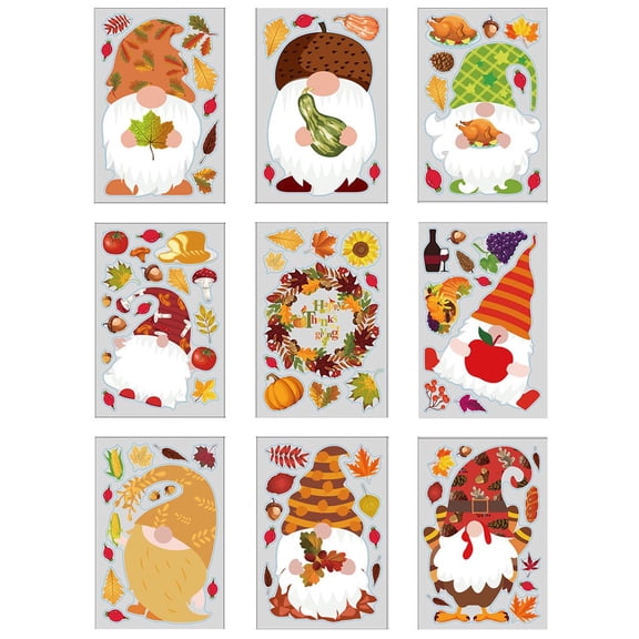 9 Pcs Harvest Festival Window Cling Gnome Stickers Thanksgiving Maple Leaf Dwarf
