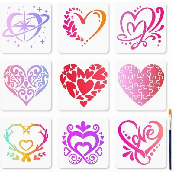 9 Pcs Hearts Stencil 5.95.9inch Reusable Love Hearts Craft Stencils with Paint Brush Love Template