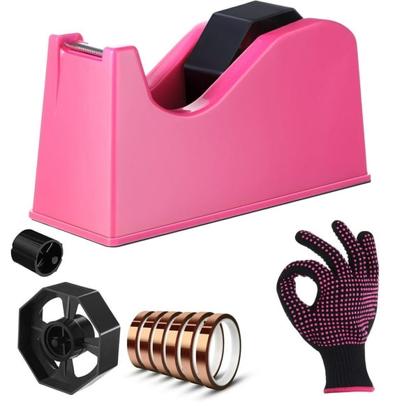 9 Pcs Heat Tape Dispenser Set, Sublimation Tapes Dispenser Adhesive Roll Holder 2 Pcs Heat Resistant Gloves with Silicone Bumps 6 Pcs Thermal Tape for Office Home (Rosy)