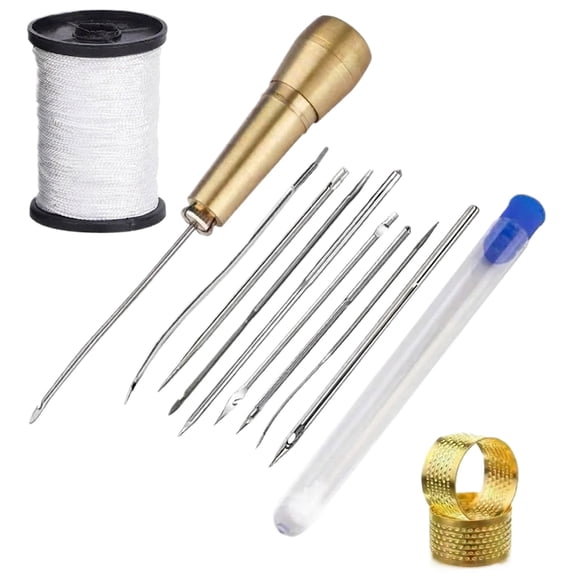 9 Pcs Heavy Duty Leather Sewing Needles Set, Tapered Canvas Needles with Nylon Thread, Upholstery Repair Kit for Car Seats Sofa Carpets, White