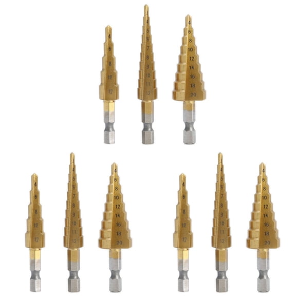 9 Pcs High-Speed Steel Step Drill Bit Set Power Tools Cone Titanium Coated Metal Hole Cutter 1/4 Inch Hex Shank,Gold