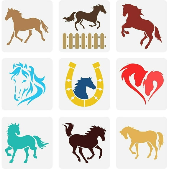 9 Pcs Horses Stencil 5.9x5.9inch Reusable Horse Farm Running Horse Painting Template DIY Horse Head Drawing Stencil Animal Steed Decoration Stencil DIY