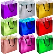 9 Pcs Large Gift Bags with Tissues - 13'' Reusable Non-Woven Gift Goodie Bags with Metallic Shiny - Party Favor Bags Tote Bags for Wedding, Birthday, Christmas
