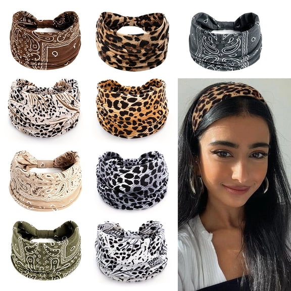 9 Pcs Leopard Wide Headbands for Women, Boho Knotted Non Slip Elastic Head Wraps Hair Accessories