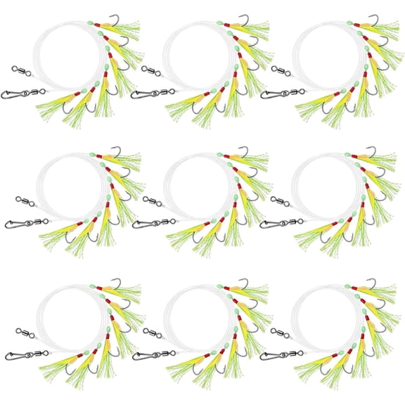 9 Pcs Mackerel Feather Rigs Saltwater Sea Fishing - 3 Size 12# 16# 18# Pre-Tied Fishing Bait Hooks with Luminous Beads & Bionic Insects Lure Hooks for Pollock, Cod, Bass, Herring