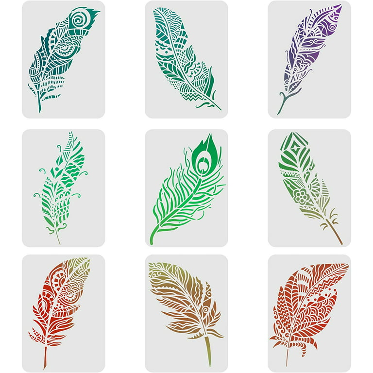 9 Pcs Mandala Feather Stencils Drawing Painting Templates Sets 8.3x11.7inch  Plastic Painting Stencils Feather Template Sets for Painting on Wood Floor 