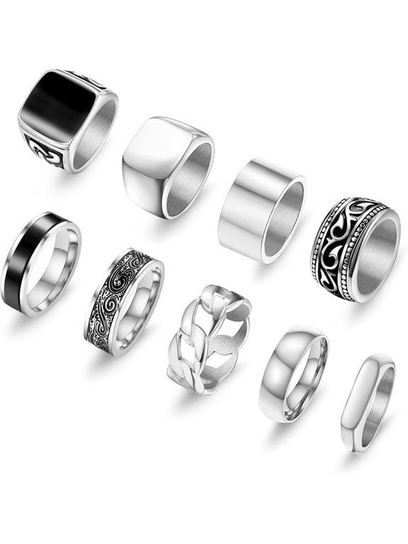 9 Pcs Men's Stainless Steel Vintage Signet Ring Set: Square, Pinky, Thumb, Chunky, Thin Band, Cuban Link, Biker Rings for Men