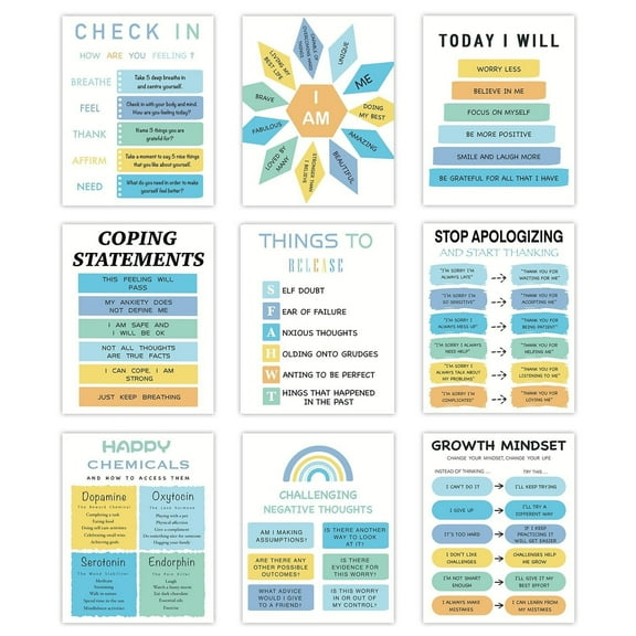 9 Pcs Mental Health Posters Therapy Offices Decor, Boho Positive Psychology Educational Poster, Inspirational Emotion Coping Skill Wall Art poster Framed Combination Posters 80X80cm