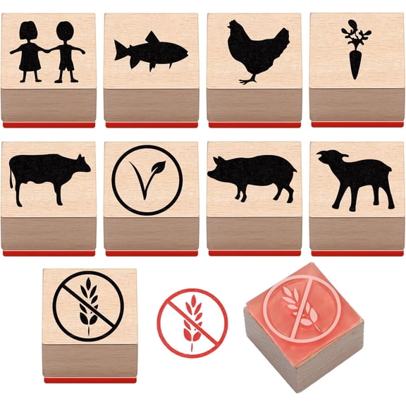 9 Pcs Menu Rubber Stamp Set Small Mini Food Choice Carrot Chicken Cow Fish Beef Pig Lamb Gluten Free Stamp for Scrapbooking Card Making Planner