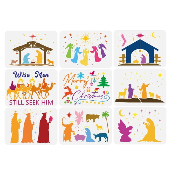 9 Pcs Merry Christmas Drawing Stencil 11.7x8.3inch Reusable Birth of Jesus Painting Template Christmas Tree Star Deer Decoration Stencil