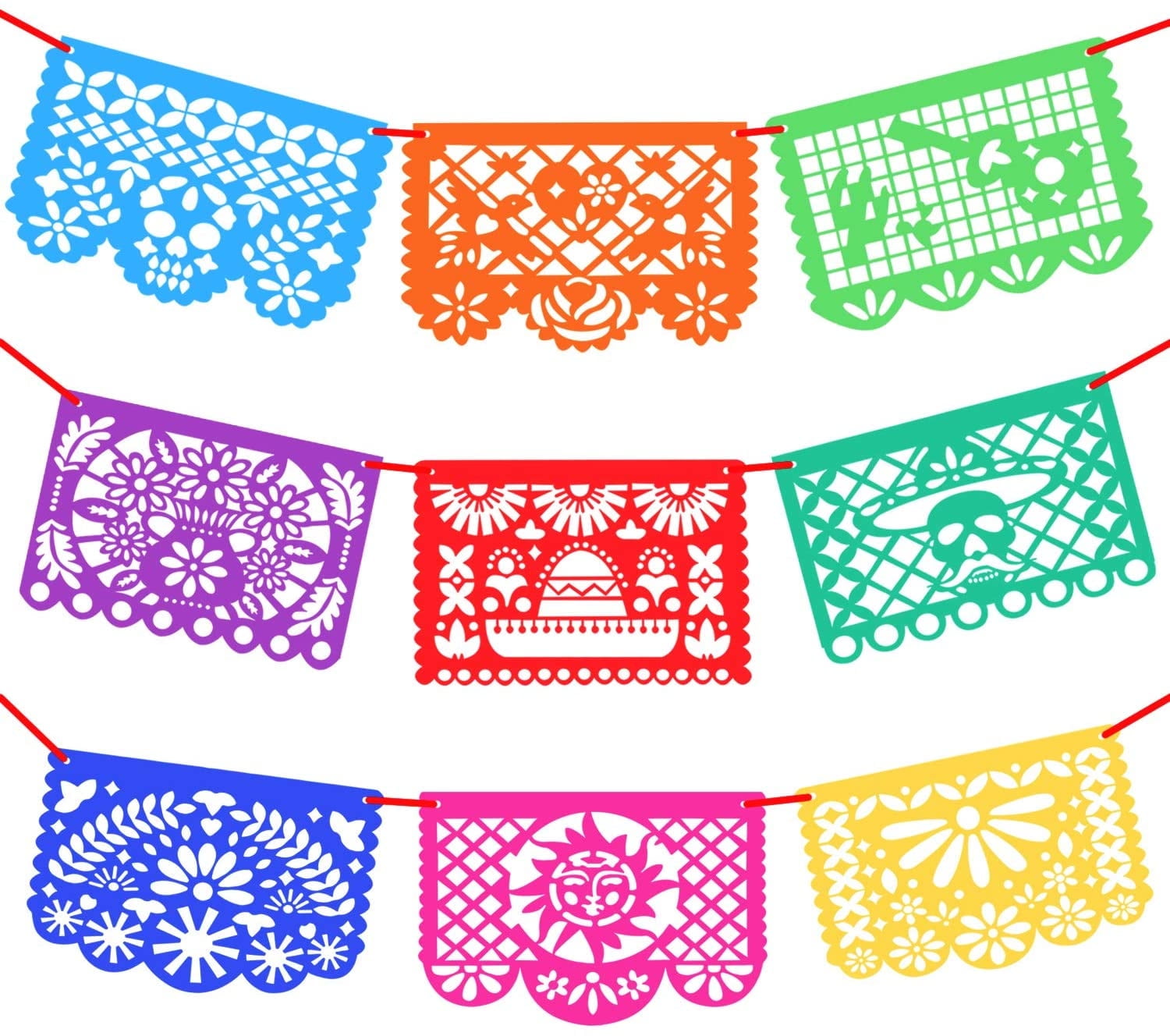 NOVELTY PLACE 9 Pcs Mexicano Fiesta Papel Picado - Mexican Festival Party Decorations Paper Banner 15 Ft Long