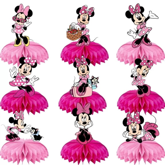 9 Pcs Minnie Mickey Themed Honeycomb Centerpieces - 3D Cartoon Paper Table Decorations for Kids' Birthday Party Supplies