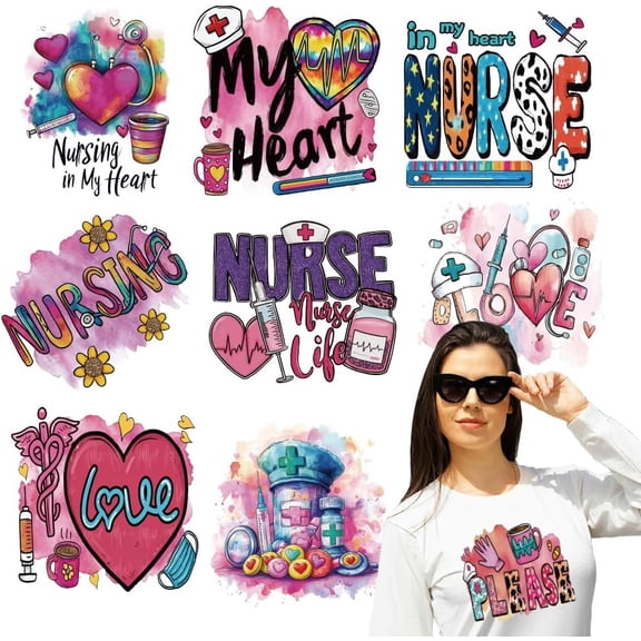 9 Pcs Nurse Theme Heat Transfer Film Logo Stickers Set 9 Styles Pink Nurse Heart Pattern Heat Transfer Stickers Iron on Decals for T-Shirts Patches Bags Hats DIY Crafts