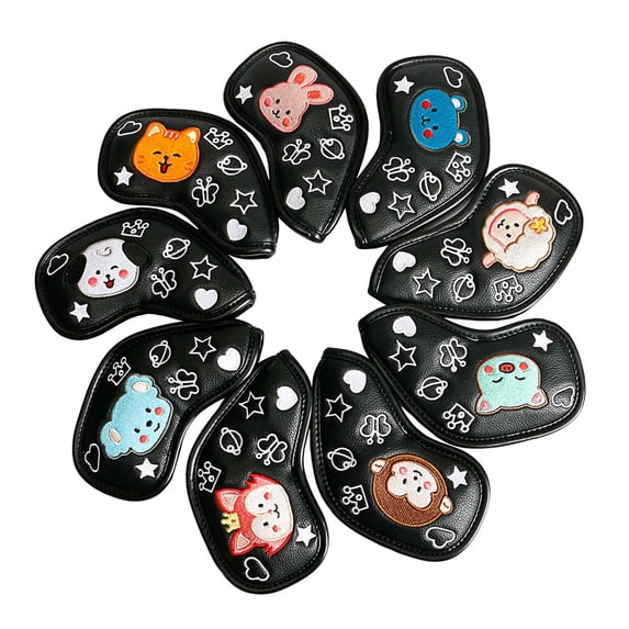 9 Pcs PU Golf Iron Headcover Club Head Cover Decorative Animal Number 4-9 P to S Black