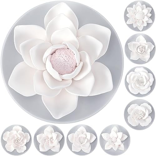 9 Pcs Passive Essential Oil Diffuser Flower Style Non Electric Porcelain Aromatherapy Diffusers for Gifts Room Decorative(White)