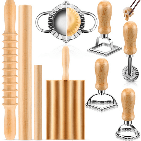 9 Pcs Pasta Making Tools Kit - Gnocchi Board, Pasta Cutter, Ravioli Stamp, Wood Threaded Pasta Roller Pin Set,9 Pcs * Pasta Making Tools kit,As Shown