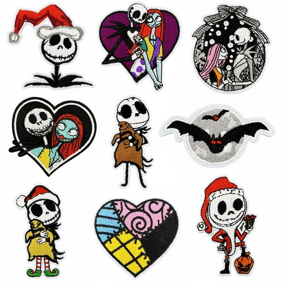 9 Pcs Patches Self Adhesive Patches 3D Jack and Sally Embroidered Skellington Applique Sewing Badges Patch for Fabric Clothing Jackets Jeans DIY